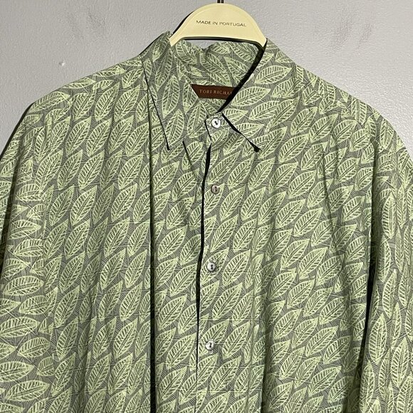 Tori Richard Hawaiian Button Shirt Men Size L Green Leaf Nature Tropical Pocket - Picture 3 of 12